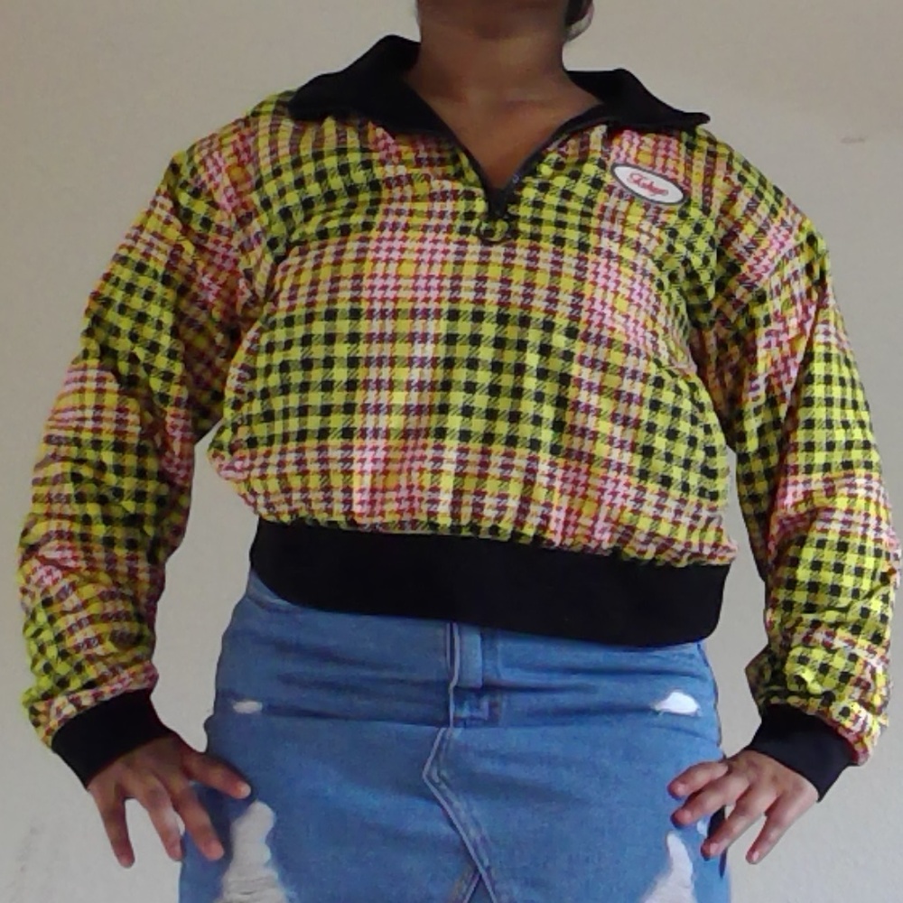 plaid cropped long sleeve quarter zip jacket